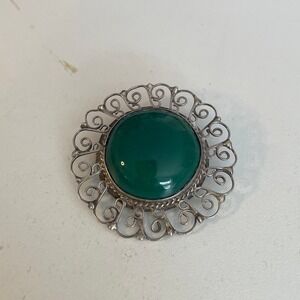 Vintage Taxco Mexico Sterling Silver Eagle 3 Brooch Green Agate Filigree Pin EUC